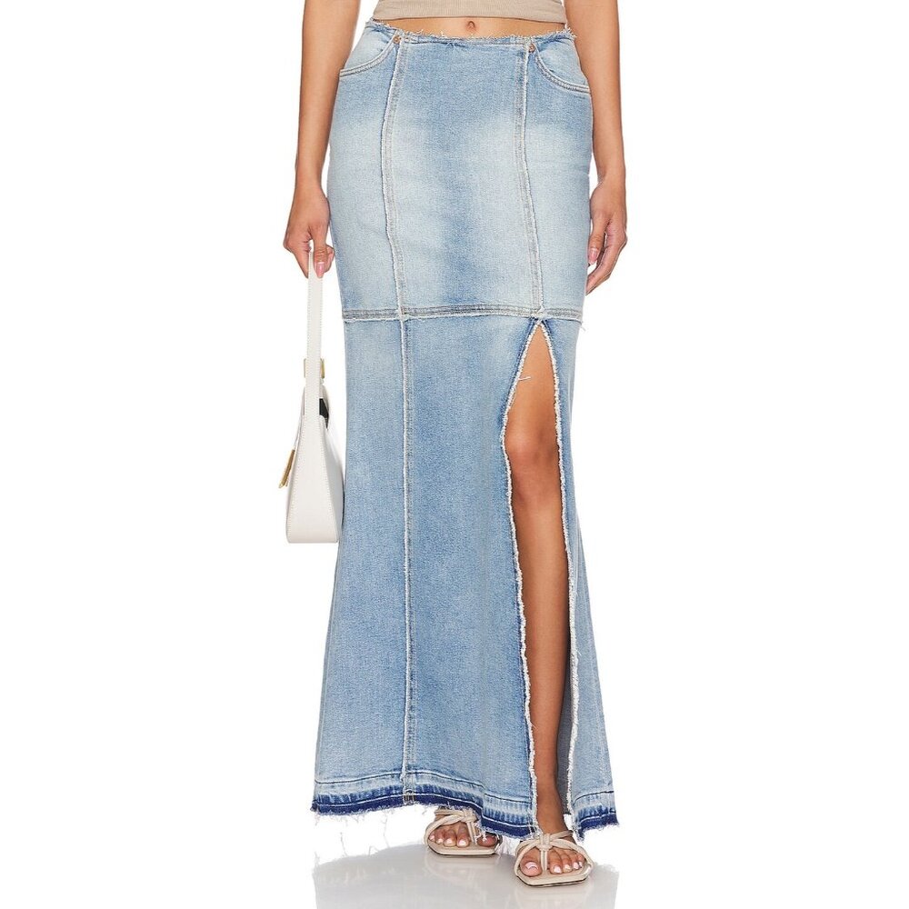 RE/DONE Denim Column Skirt Maxi Sz 26 Mojave Blue Cotton Blend Frayed Distressed